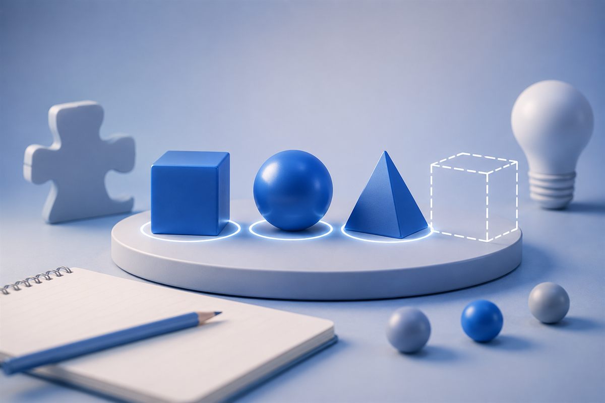 Three blue 3D shapes on a podium next to a notebook, a blue pencil, a lightbulb and a puzzle piece
