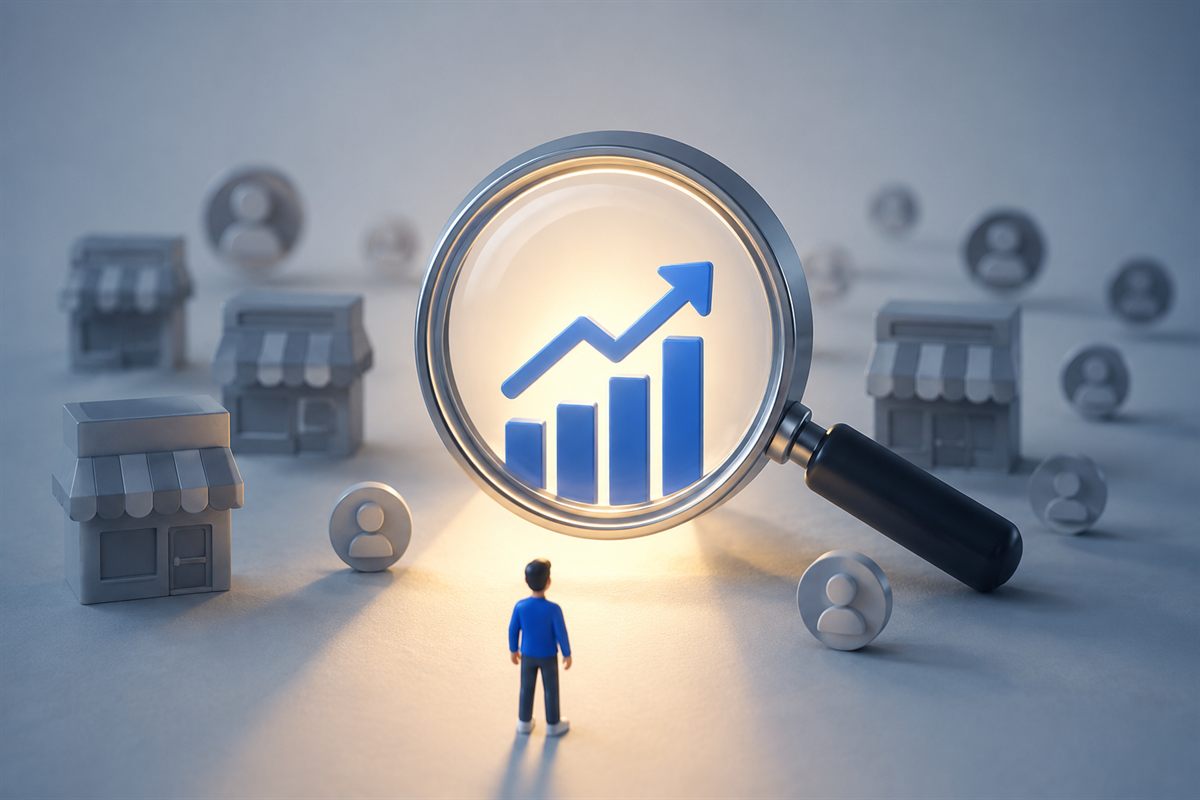 A tiny business owner looking up at a magnifying glass that reveals a rising blue bar chart, while greyed-out shops and customers fade into the background